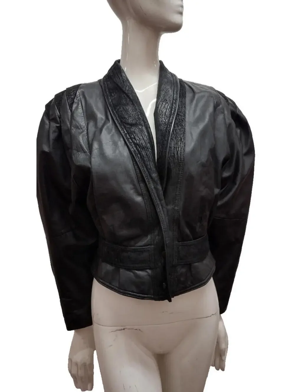 Black Tailored Leather Short Jacket New Wave Avante-Garde 1980s Bombshell S/M